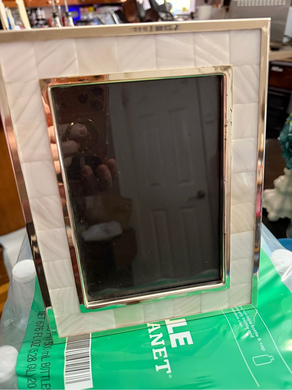 Pottery Barn White Mother-of-Pearl Frame with Silver Trim